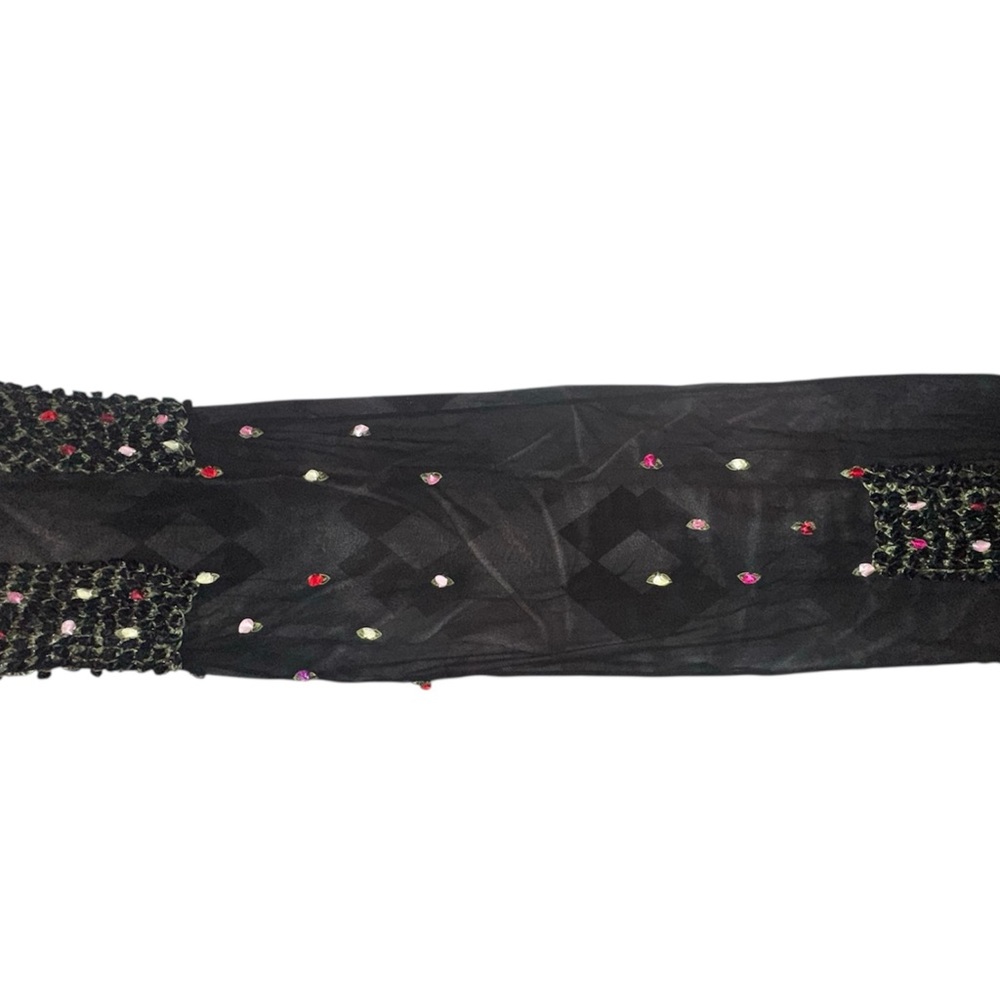 Elegant Black and Green Floral Chiffon Scarf - Picture 5 of 5